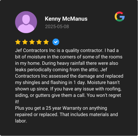 5 star google review from a previous customer. highly satisfied after a complete roof replacement.
